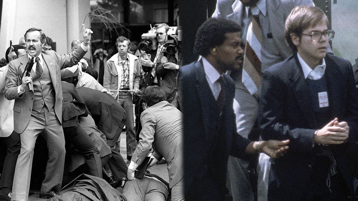 Till vänster, Ronald Reagan har precis blivit skjuten, till höger John Hinckley eskorteras av polisen till häktet. Foto: Ron Edmonds/AP/TT och Barry Thumma/AP/TT