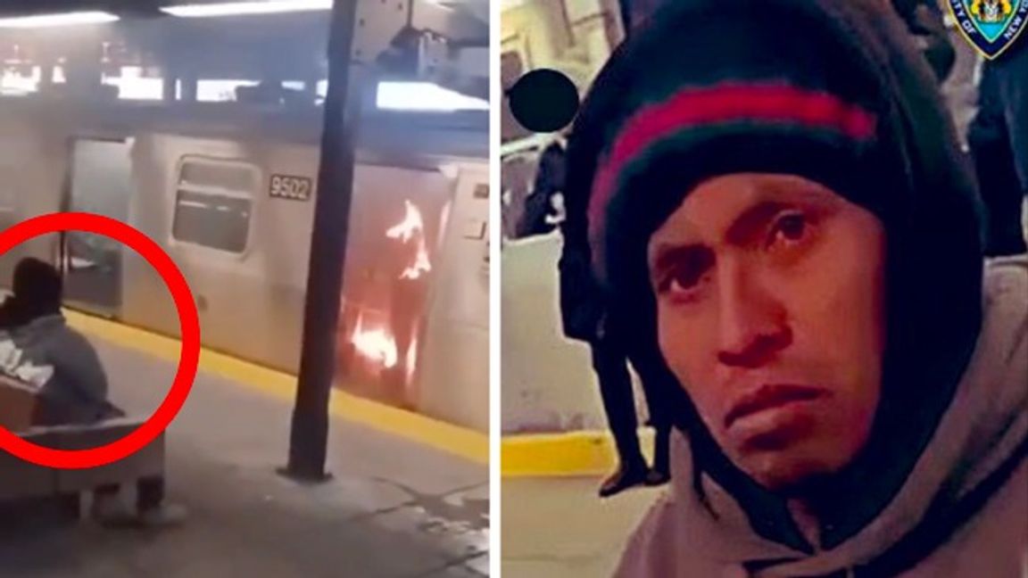 På övervakningsbilder tycks gärningsmannen lugnt sitta och titta på medan hans offer brinner upp. Den misstänkte är illegale invandraren Sebastian Zapeta. Foto: X