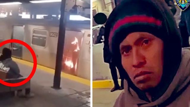 På övervakningsbilder tycks gärningsmannen lugnt sitta och titta på medan hans offer brinner upp. Den misstänkte är illegale invandraren Sebastian Zapeta. Foto: X