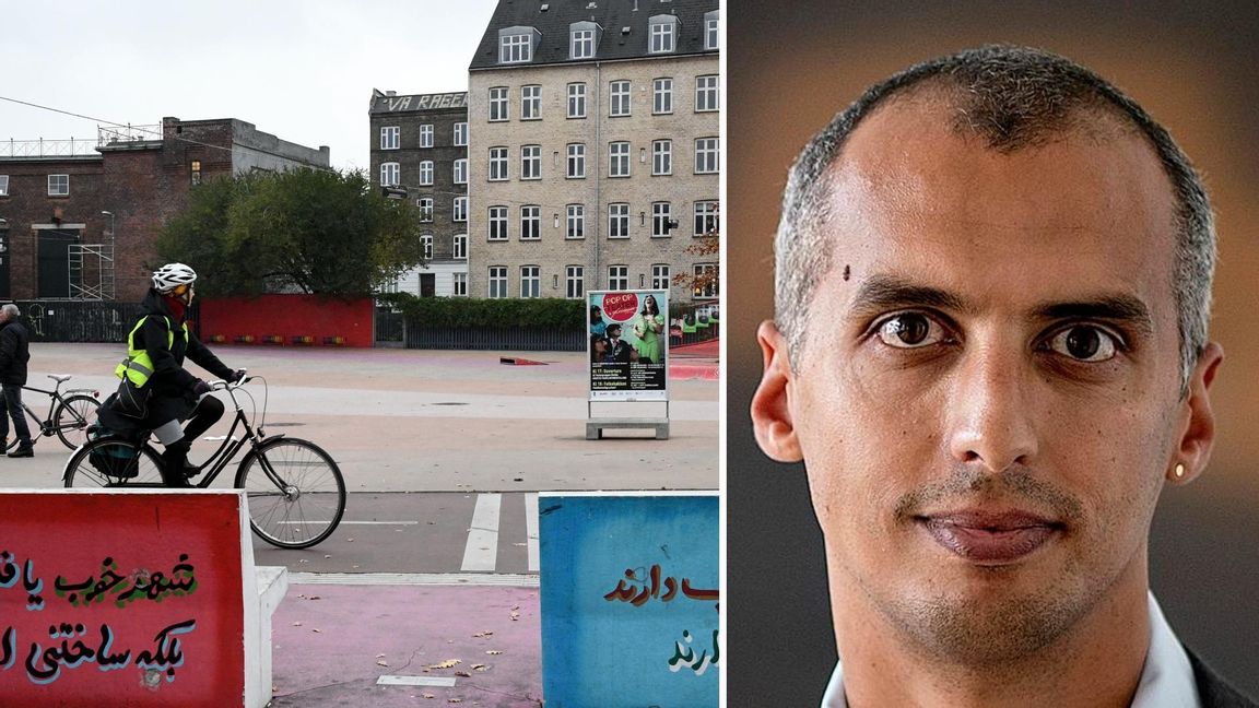 Den Røde Plads i Parken Superkilen på Nørrebro i Köpenhamn, samt bild på den danska invandrings- och integrationsministern Mattias Tesfaye. Foto: Johan Nilsson/TT/danska regeringen.