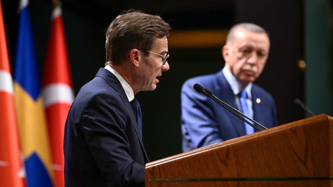 Sveriges statsminister Ulf Kristersson (M) och Turkiets president Recep Tayyip Erdogan håller en gemensam pressträff i Ankara förra året. Foto: Henrik Montgomery/TT