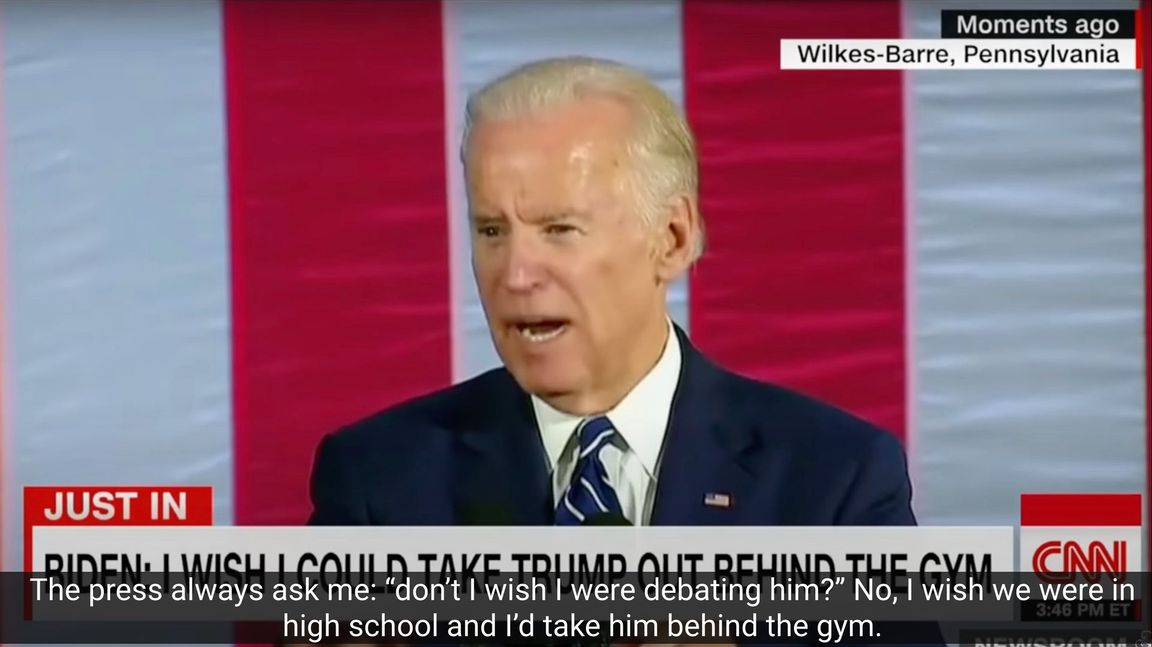 Joe Biden uttalar 2016 en önskan om att ”slå skiten ur Trump bakom skolgymet”, skärmdump från Henrik Jönssons senaste video.