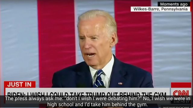 Joe Biden uttalar 2016 en önskan om att ”slå skiten ur Trump bakom skolgymet”, skärmdump från Henrik Jönssons senaste video.