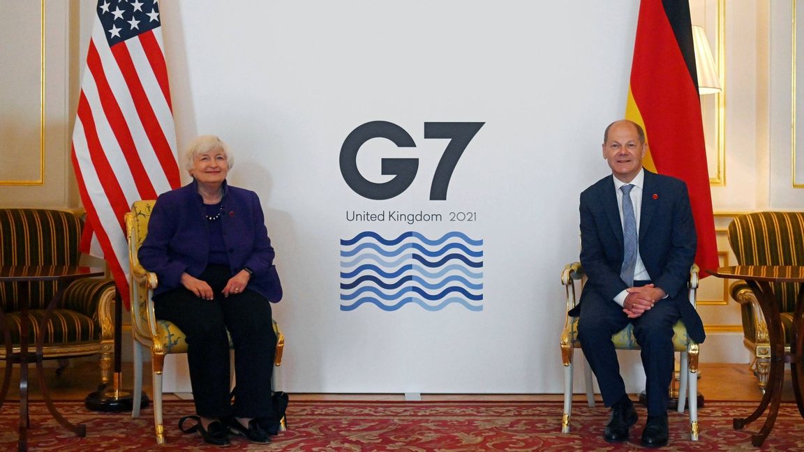 USA:s finansminister Janet Yellen och Tysklands dito Olaf Scholz vid G7-mötet i London. Foto: AP/TT.