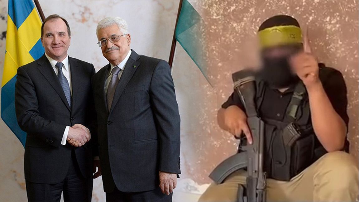 Till vänster tidigare statsminister Stefan Löfven (S) med Palestinska myndighetens president Mahmoud Abbas. Till höger en terrorist från Fatahs militära gren Al-Aqsa-Martyrernas Brigader. Foto: Jonas Ekströmer/TT/Youtube