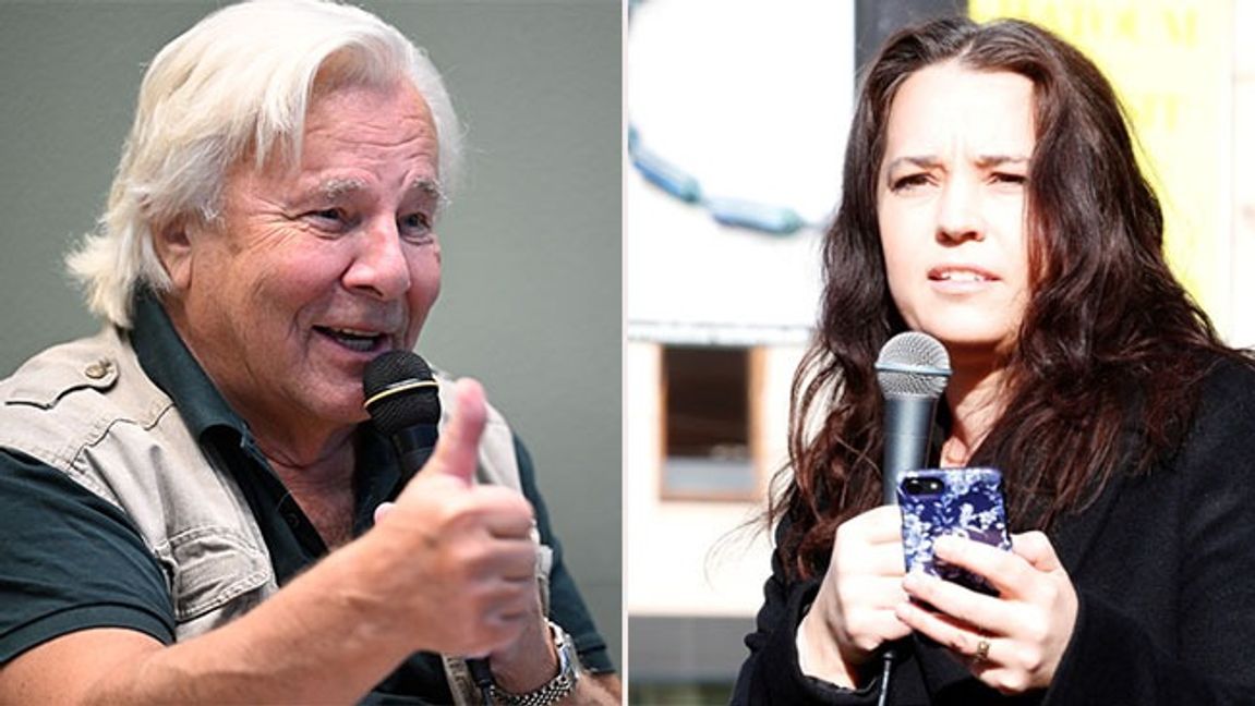 T.v Jan Guillou talar i Piratförlagets monter på bokmässan 2025, t.h Karin Olsson under tal på demonstration mot Rysslands invasion av Ukraina i mars 2022. Bild: Johan Jeppsson/TT/Fredrik Sandberg/TT