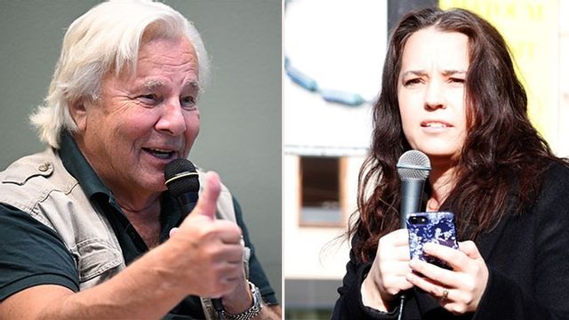 T.v Jan Guillou talar i Piratförlagets monter på bokmässan 2025, t.h Karin Olsson under tal på demonstration mot Rysslands invasion av Ukraina i mars 2022. Bild: Johan Jeppsson/TT/Fredrik Sandberg/TT