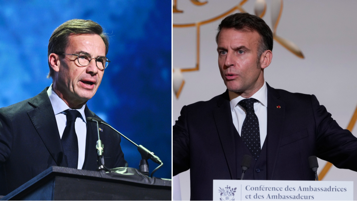 Ulf Kristersson är inte övertygad av Emmanuel Macrons ”Buy European”-förslag. Foto: Claudio Bresciani/Michel Euler/TT/Pool/AP