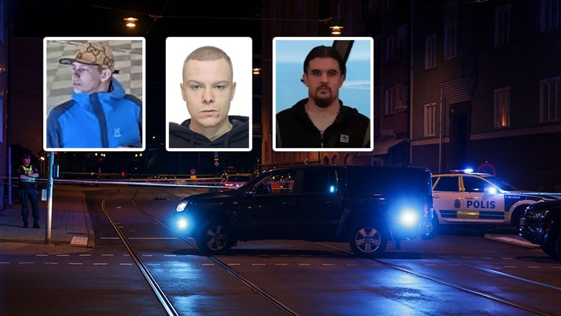 Från vänster: Benjamin Liljeberg, Razmus Bergqvist och Daniel Shamsizadeh. I bakgrunden: Bild från polisens avspärrningar vid mordplatsen i augusti 2024. Foto: Polisen/Magnus Andersson/TT
