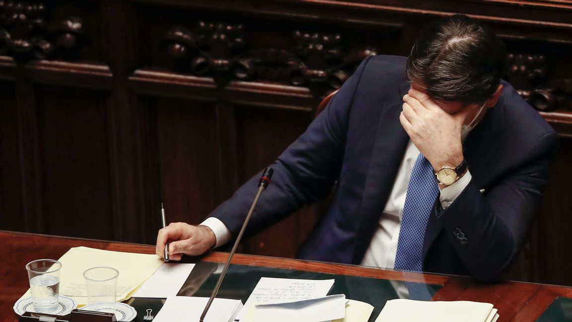 Italiens premiärminister Giuseppe Conte under måndagens utfrågning i parlamentets deputeradekammare. Foto: Alessandra Tarantino/AP/TT