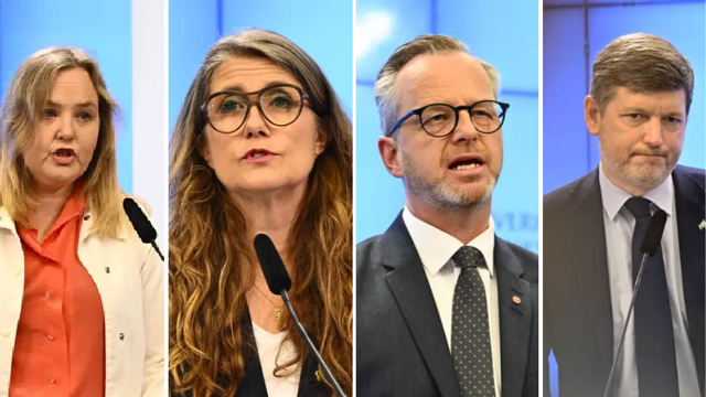 V, MP, S och C enas i kritiken mot regerings presenterade vårbudget. Foto: Anders Wiklund/Magnus Lejhall/TT