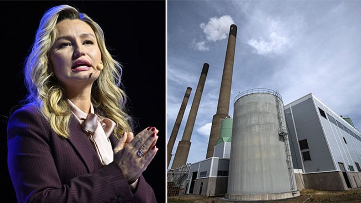 Energiminister Ebba Busch och Karlshamnsverket, som på grund av en EU-förordning inte längre får användas som effektreserv. Bild: Anders Wiklund/TT/Johan Nilsson/TT 