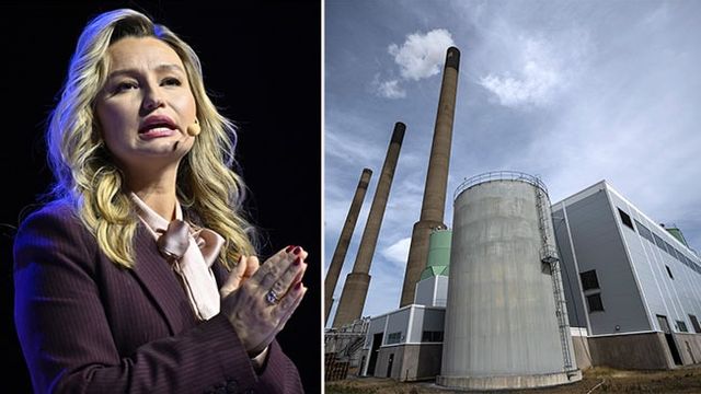 Energiminister Ebba Busch och Karlshamnsverket, som på grund av en EU-förordning inte längre får användas som effektreserv. Bild: Anders Wiklund/TT/Johan Nilsson/TT 