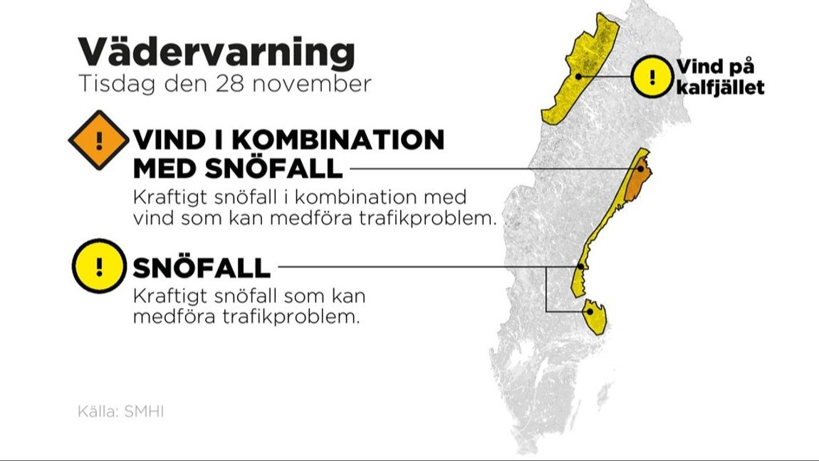 SMHI:s vädervarningar tisdag den 28 november. Grafik: JOHAN HALLNÄS/TT