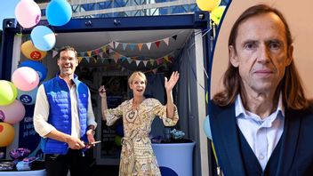 Glada miner hos Moderaternas rättspolitiske talesperson Johan Forssell och finansborgarrådet Anna König Jerlmyr när partiets valstuga på Soltorget i Stockholm invigdes. Foto: Henrik Montgomery/TT