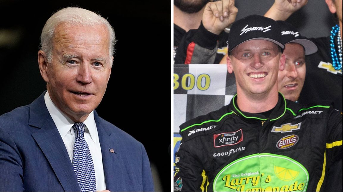 Till vänster: Joe Biden, USA:s president. Till höger: Brandon Brown firar sin seger i Nascar Xfinity Series-tävlingen i Talladega i Alabama den 2 oktober. Foto: John Amis/AP/TT.