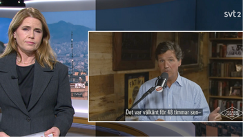 SKMA kritiserar SVT för att ha gett opinionsbildaren Tucker Carlson utrymme att kommentera Irankriget i Aktuellt. Foto: Skärmavbild/SVT