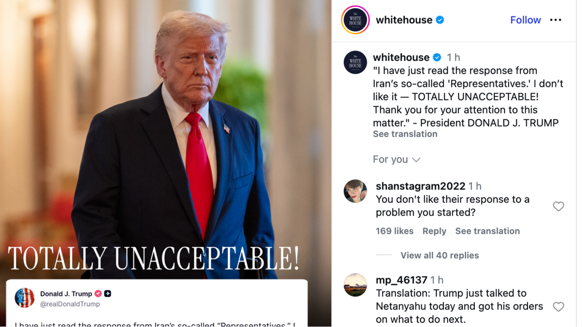 Trump är missnöjd med Iran svar på USA:s fredsförslag. Foto: Skärmavbild instagram. 