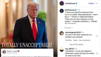 Trump är missnöjd med Iran svar på USA:s fredsförslag. Foto: Skärmavbild instagram. 