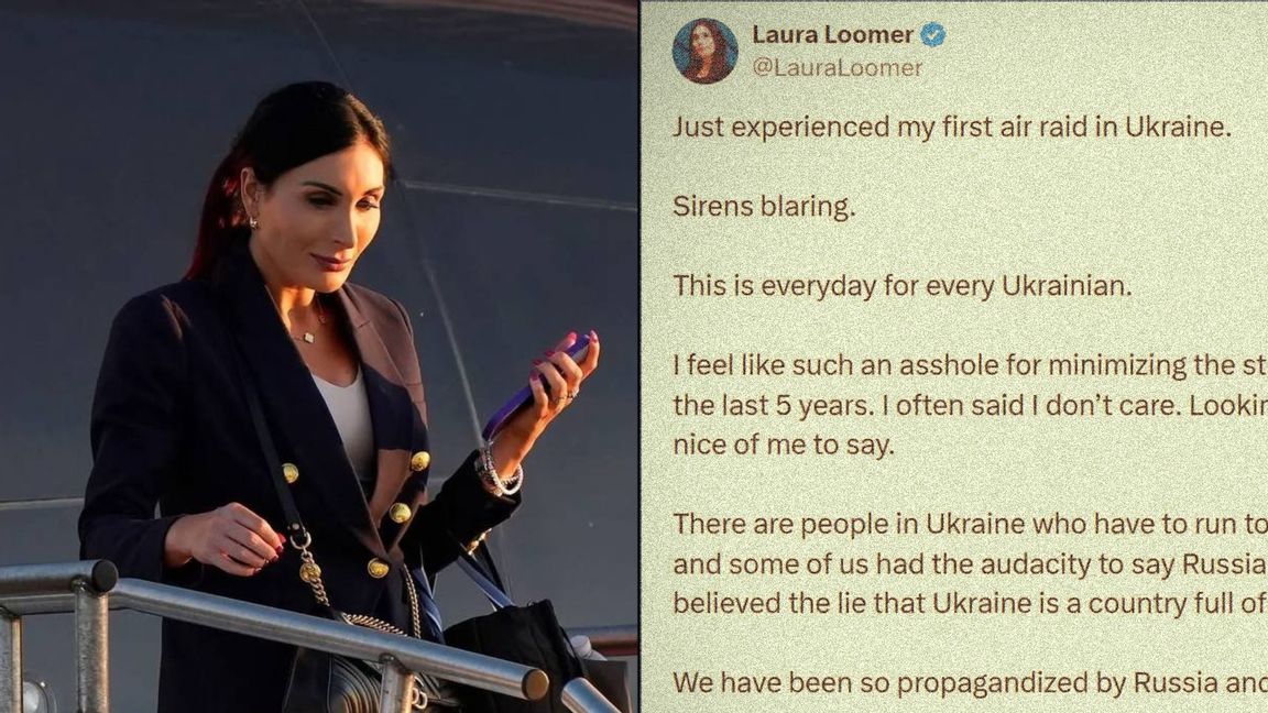Lara Loomer anländer i Ukraina. Har gjort U-sväng om kriget. Foto: Skärmdumpar X