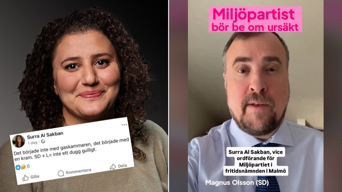 Surra Al Sakban (MP) och hennes raderade Facebook-inlägg, samt en skärmdump ur Magnus Olssons (SD) video där han kräver ursäkt. Foto: Malmö Stad/Facebook