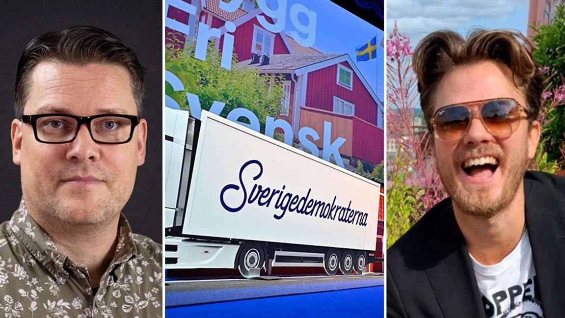 Björn Tenland Nurhadi (till vänster) avbröt komikern Viktor Klemmings framträdande under SD:s landsdagar. Foto: Pressbild/Region Blekinge/Anders Wiklund/TT/Privat