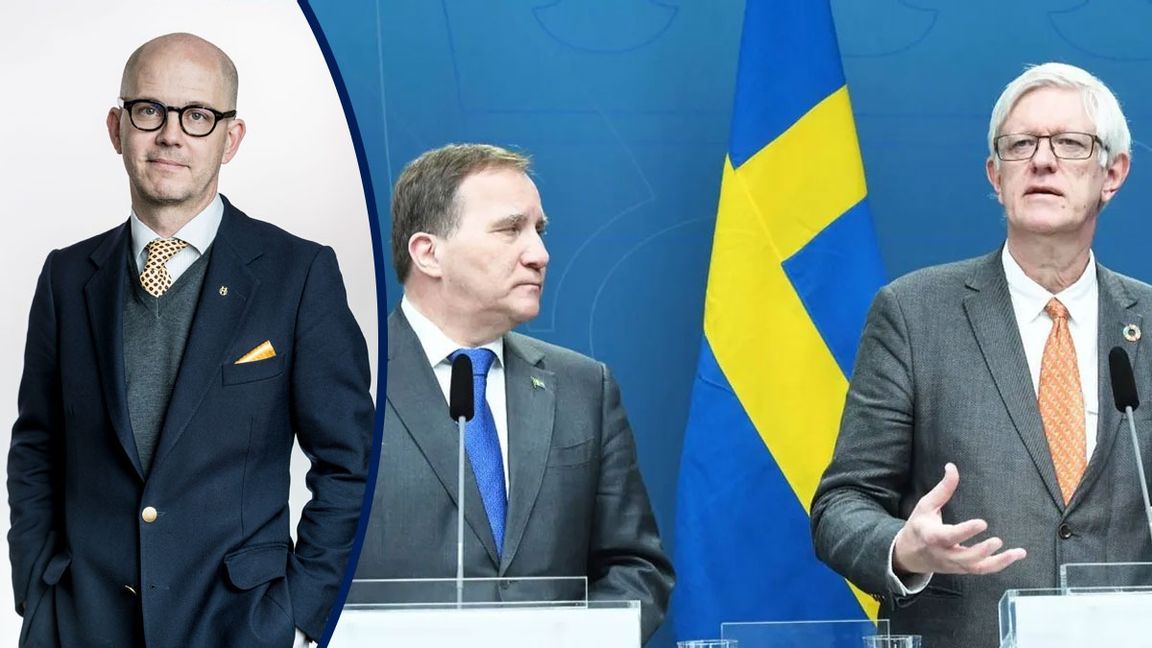 Statsminister Stefan Löfven och Folkhälsomyndighetens generaldirektör Johan Carlson. Foto: Fredrik Sandberg, TT.