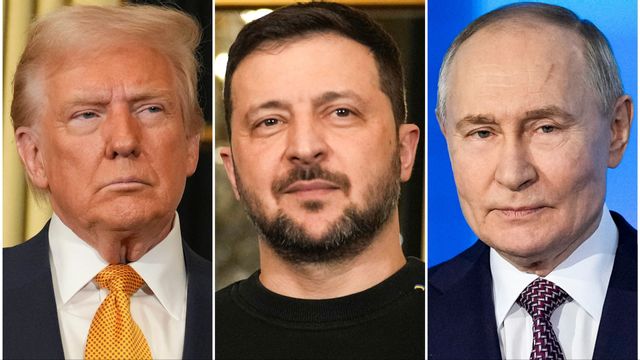 USA:s president Donald Trump till vänster, Ukrainas president Volodymyr Zelenskyj i Elyséepalatset i Paris 7 december 2024 i mitten och till höger Rysslands president Vladimir Putin på ett teknologiforum i Moskva 21 februari 2025. Foto: AP Photo/Aurelien Morissard och Pavel Bednyakov