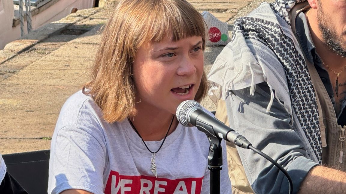 Thunberg bär ett halsband där Israel är utplånat. Foto: Hernan Munoz/TT