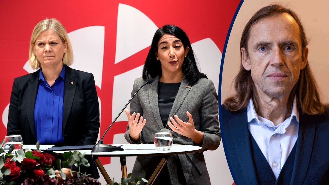 Magdalena Andersson ser inte ut att vara helt överens med partikollegan Lawen Redar under presentationen av Socialdemokraternas utkast till nytt partiprogram. Foto: Jakob Åkersten Brodén/TT 