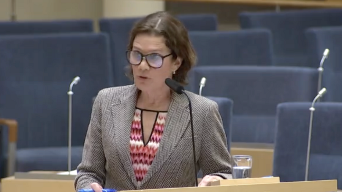 Elsa Widding, partiledare för Ambition Sverige. Hon var sverigedemokrat mellan 2022-2023. Foto: Skärmdump/Sveriges Riksdag
