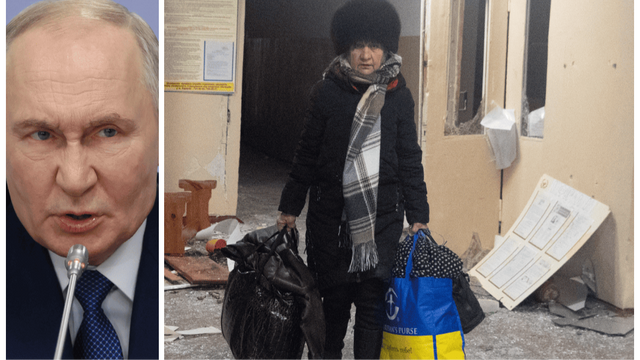 Fotokollage: Rysslands president Vladimir Putin i Moskva 16 januari 2026 till vänster och till höger en kvinna som lämnar sitt hem i Charkiv den 24 januari 2026 efter att huset skadats i en rysk drönarattack. Foto: Ramil Sitdikov och Andrii Marienko