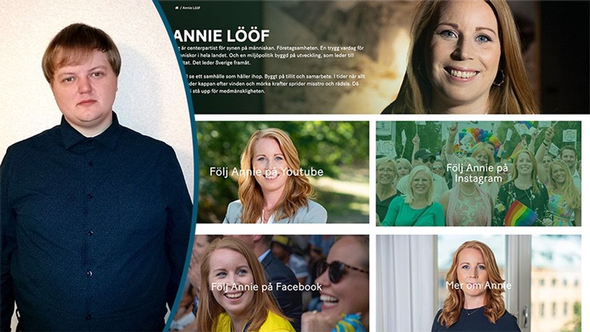 Centerpartiet fokuserar en del på sin partiledare Annie Lööf. Foto: Skärmavbild Centerpartiets hemsida