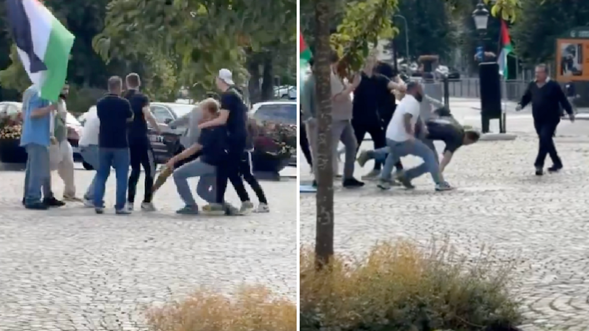 Bilder från händelsen i Uddevalla där en man fick hjärnskakning efter att ha slängts mot marken. Foto: Skärmdump via Riks