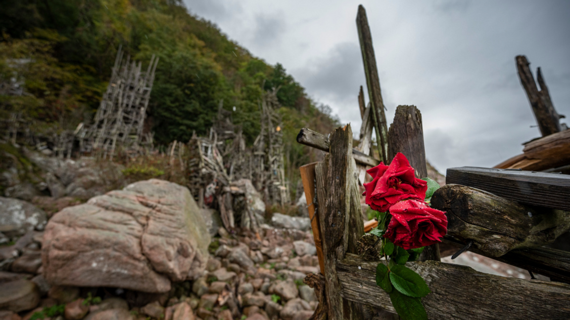 Blommor på Lars Vilks skulptur Nimis efter hans död Foto: Johan Nilsson/TT