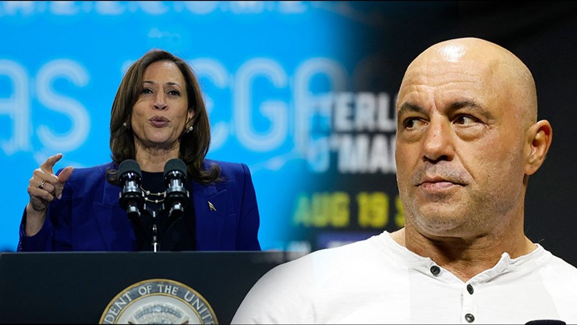 Joe Rogan hoppas fortfarande att Kamala Harris gästar hans podcast. Montage. Foto: John Locher/Gregory Payan/AP/TT