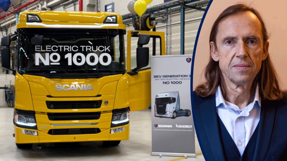 För knappt en månad sedan rullade Scanias tusende ellastbil av bandet på fabriken i Södertälje. Foto: Pressbild från Scania.