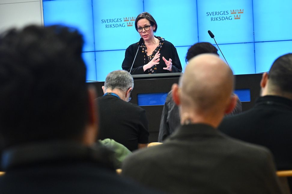 Utrikesminister Maria Malmer Stenergard (M) håller pressträff efter det blixtinkallade mötet om Ukraina. Foto: Claudio Bresciani/TT