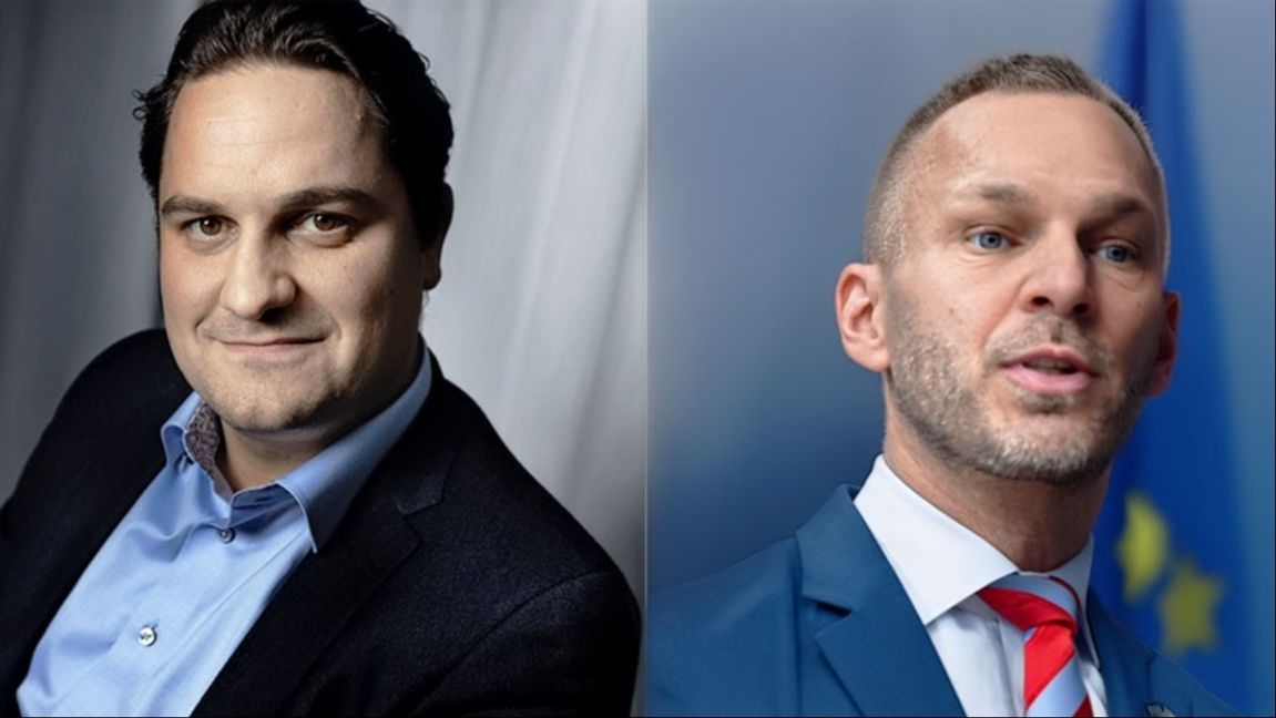 Samhällsdebattören Per Lindgren, t.v, och civilminister Erik Slottner (KD), t.h. Foto: Niklas Palmstedt/Anders Wiklund/TT