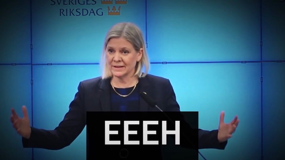 Minnet av Anderssons förra presskonferens var att hon stod och sa Eeeehhh. Nu hävdar hon sig vara det handlingskraftiga alternativet. Vem tror hon sig lura? Foto: Skärmdump