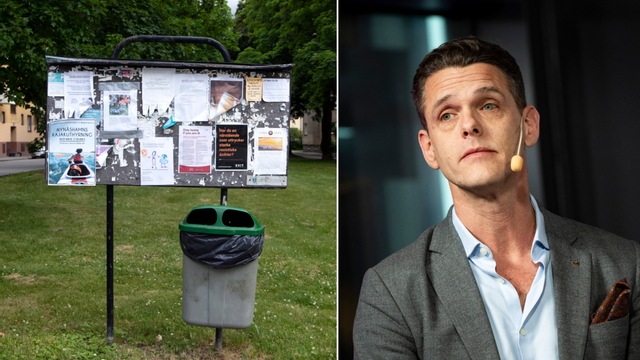 Anslagstavla i Stockholm och oppositionsborgarrådet Christofer Fjellner (M). I slutet av förra året upptäcktes islamistiska affischer på kommunala anslagstavlor i Järva. Moderaterna vill nu att stadsdelsförvaltningen ser till att extremistisk propaganda inte sprids i Stockholmskommuner på det här sättet. Foto: Pär Fredin/Pontus Lundahl/TT
