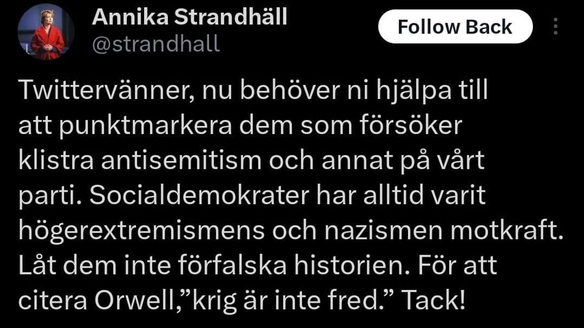 Strandhälls tweet där hon varken förstår Orwell eller sitt parti. Foto: X/Twitter