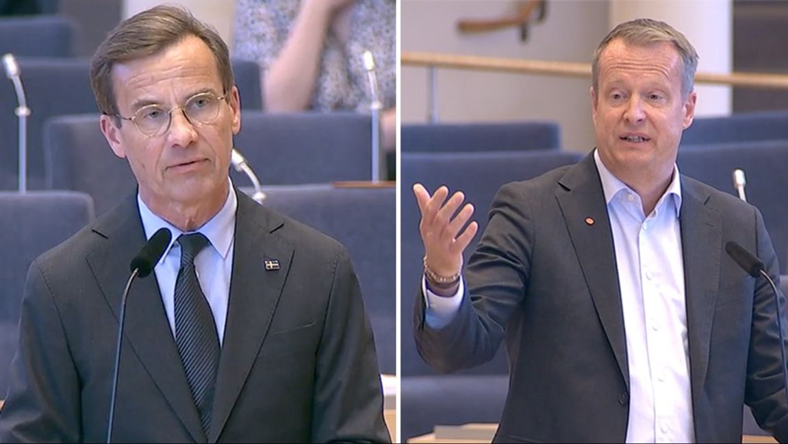 Ulf Kristersson debatterade mot Anders Ygeman (S) i riksdagens kammare. Foto: Sveriges Riksdag