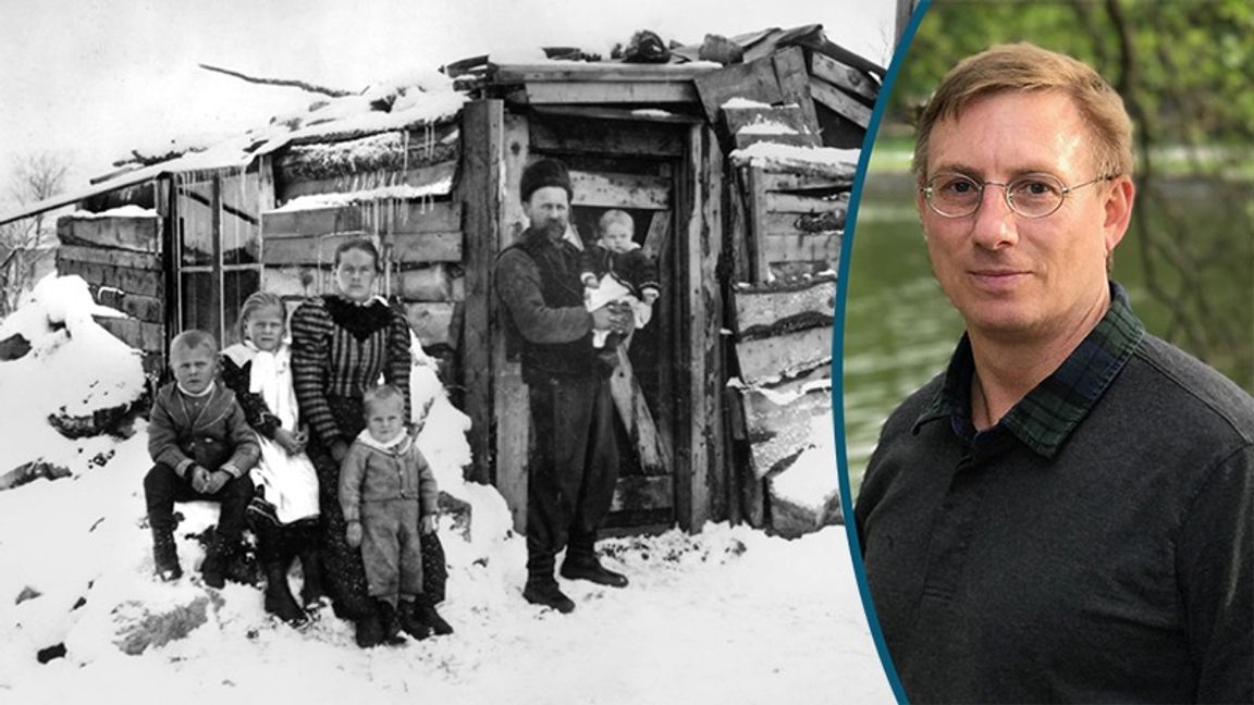 Kiruna Söderberg med familj utanför bostaden 1901 – en bild av ett fattigare Sverige. Foto: Mesch Borg/Privat