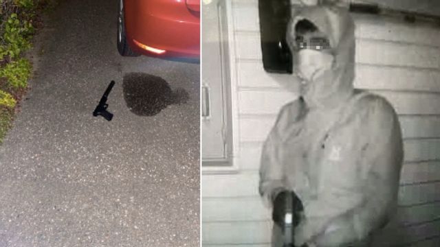 Den beväpnade 17-åringen fångas på målsägandens övervakningsfilm. När polisen anländer slänger han vapnet ifrån sig. Foto: Polisen