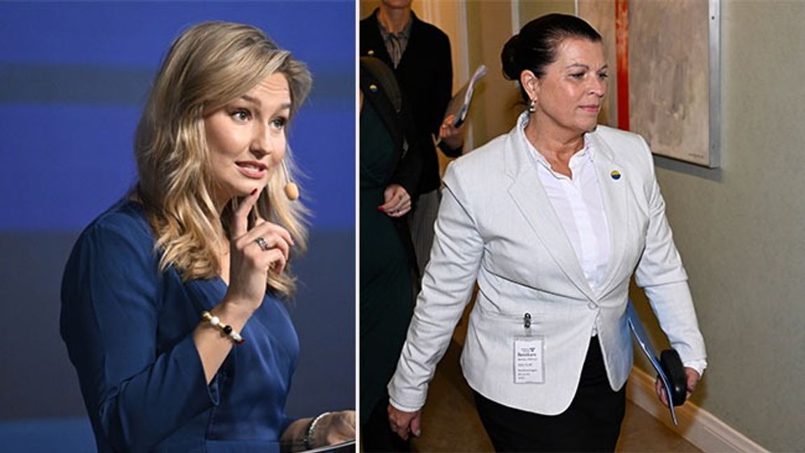  Ebba Busch och Vattenfall Eldistributions vd Annika Viklund, den senare på väg till näringsutskottet på torsdagen. Bild: Fredrik Sandberg / TT/Henrik Montgomery / TT