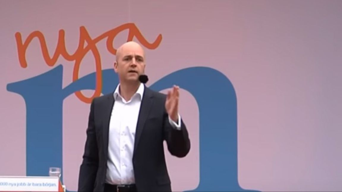 Fredrik Reinfeldt från ett tal i Almedalen 2014. Foto: Youtube/Moderaterna