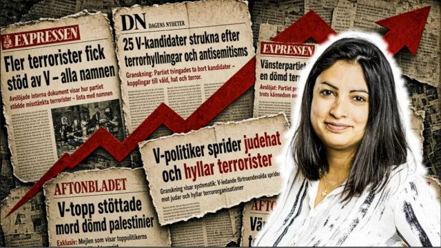 V stiger i opinionen trots återkommande skandaler. Foto: Jessica Segerberg/Vansterpartiet bildbank, (CC0 1.0) / Bakgrund: AI-kollage