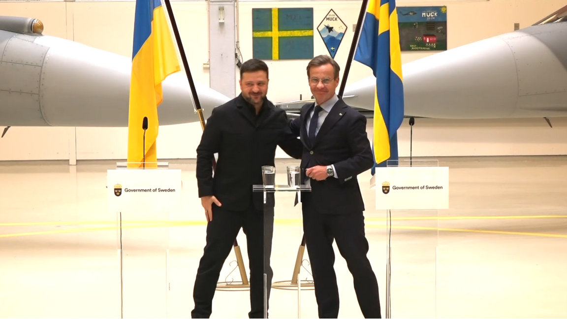 Volodymyr Zelenskyj och Ulf Kristersson under torsdagens pressträff i Uppsala. Foto: Skärmdump/Regeringskansliet