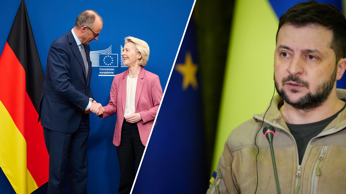 Tysklands förbundskansler Friedrich Merz skakar hand med EU-kommissionens ordförande Ursula von der Leyen. Ukrainas president Volodymyr Zelenskyy. Foto:  © European Union, 2026/CC BY 4.0 - President.gov.ua/CC BY 4.0